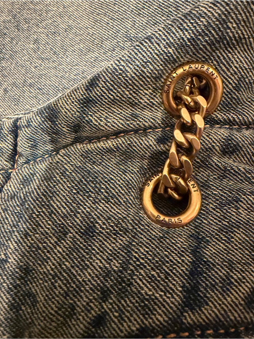 Yves Saint Laurent Quilted Denim Shoulder Bag with Gold Logo and Brown Trim - Picture 3 of 6